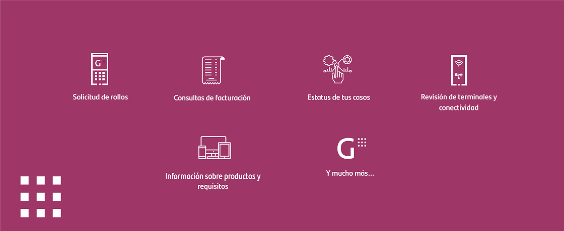 Imagen con 6 conceptos; Solicitud de rollos, consultas de facturación, Estatus de tus casas, revisión de terminales y conectividad, información sobre productos y requisitos